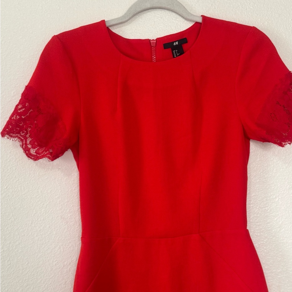 H&M Red Lace Trimmed Sheath Midi Dress Short Sleeve Size 4 - Picture 3 of 10